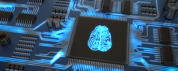 Futuristic-looking image with brain being a part of a circuit board.