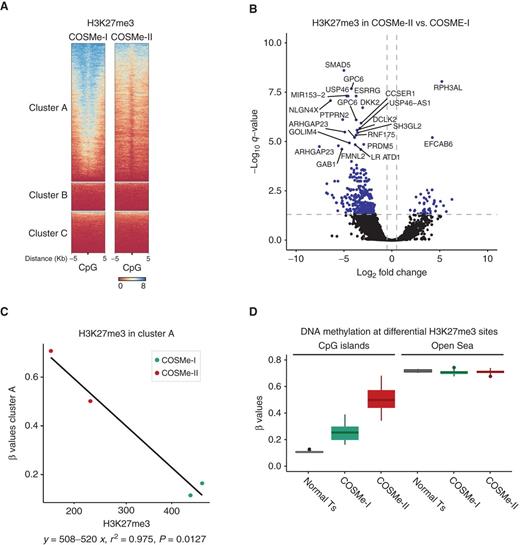 Figure 2. Correlation between cluster A DNA methylation and H3K27me3. A, H3K27me3 binding at cluster A, B, and C sites in COSMe-I and COSMe-II T-ALLs (summarized for visualization, n = 3 per group). B, Volcano plot of differential H3K27me3 between COSMe-II and COSMe-I T-ALLs. Gene names from the top 25 most differential genes based on Padj value are indicated. C, Patient-specific comparison between cluster A DNA methylation levels (β values) and corresponding differential H3K27me3 (normalized counts, DESeq2) in COSMe-II versus COSMe-I. Pearson coefficient of the linear correlation with P value is shown. D, The levels of DNA methylation (β values) at all differential H3K27me3 regions between COSMe-II and COSMe-I T-ALLs that were covered by the EPIC array dataset, separately plotted for CpG islands (111 regions) and Open Sea CpGs (111 regions).
