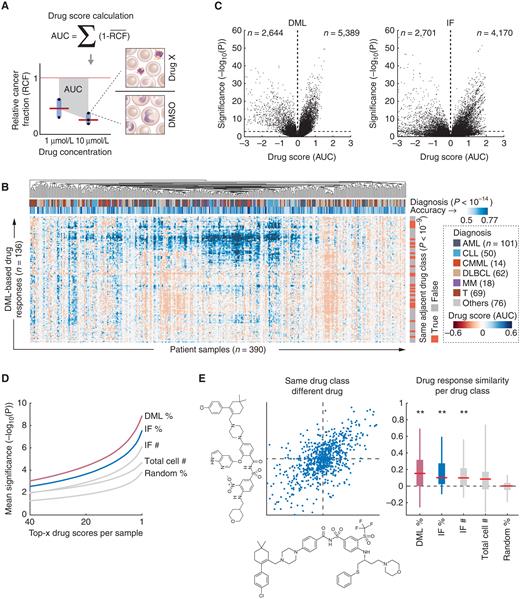 Figure 2. DML-based cancer cell identification improves results from massively parallel ex vivo drug screening. A, Schematic example of the drug score calculation (AUC = area under the curve). B, Heat map of clustered DML-based drug-response scores (AUCs; see color bar) for drugs (rows) and patient samples (columns). Drug signature similarity is calculated with 1 − the Pearson correlation and graphically represented as node distance in a hierarchical binary tree above the heat map. DML was performed using the mCNN architecture. Adjacent signatures associated with the same drug class are indicated on the right side of the heat map in red. Each sample-associated test accuracy and corresponding diagnosis are color-coded on top of the heat map. The accuracy is calculated as the percentage of matching DML and IF single-cell labels assigned to a test set (unseen during training) of 2,000 randomly selected cells per sample, equally split across both classes. n = number of patient samples/drugs. The P values are derived from hypergeometric testing. C, Volcano plots showing the significance [−log10(P value); y-axis) and effect size (AUC; x-axis] per drug for all drugs and samples, analyzed either by DML (left) or IF (right). Significance was calculated by a two-sided Student t test comparing the drug score replicate wells with the negative control DMSO wells per sample. n = number of drug scores that are located in the corresponding quadrant as confined by the black dashed outlines.D, Mean significance [−log10(P value); P values are derived as in C; y-axis] of the top-x strongest drug responses per sample (x-axis) compared for different drug-screen readouts. IF indicates marker-based cancer cell identification. % indicates change in the target cell fraction relative to control. # indicates change in the number of target cells relative to control. “Total cell #” indicates change in total cell number relative to control. Random indicates randomized cancer cell classification. E, Box and whisker plots comparing the similarity in drug responses (pairwise Pearson correlation) across samples for drugs sharing the same class. Only drug classes with at least two associated drugs were considered. Red bar depicts the median. The bottom and top edges of the box indicate the 25th and 75th percentiles, respectively. **, P ≤ 0.01. The P values indicate the significance of drug-response similarity and were derived from two-tailed Student t tests.