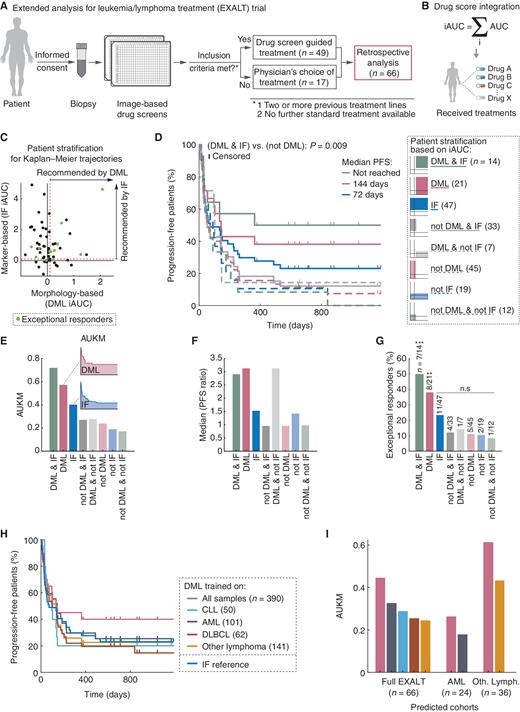 Figure 4. DML-based pharmacoscopy identifies clinically effective personalized treatment options. A, Outline of the EXALT trial (4, 6). B, Graphic presentation of the integrated drug score calculation (iAUC) per patient. AUC scores are integrated for all tested drugs each patient subsequently received in the clinic. C, Scatter plot of marker- (IF; y-axis) and morphology-based (DML; x-axis) iAUCs per patient. Selected strong negative values not shown for readability. Dashed red lines indicate the iAUC thresholds of 0.1, used to determine if patient treatments were supported by either IF and/or DML-based pharmacoscopy. Exceptional responders are colored in green. D, Kaplan–Meier plot showing the percentages of progression-free patients with treatment regimens supported by iAUCs > 0.1 for: DML and IF (green, n = 14 patients); DML (pink, n = 21); IF (blue, n = 47); IF but not DML (light gray, n = 33); DML but not IF (dashed gray, n = 7); not DML (dashed pink, n = 45); not IF (dashed blue, 19); or not DML and not IF (dashed green, n = 12); see legend on the right. Tick marks indicate censored data points (i.e., ongoing responses). The P value indicates Wilcoxon rank test significance. E, Area under the Kaplan–Meier curve (AUKM; see insets on the right for DML and IF examples) corresponding to the patient subgroup PFS curves shown in D. F, Median PFS ratio comparing the patients’ current treatment response (following pharmacoscopy testing) and the responses to their previous treatment, stratified as in D. G, Percentage of patients achieving exceptional clinical responses, stratified as in D. H, Kaplan–Meier curves comparing the PFS of EXALT patients (n = 66) receiving treatments post hoc recommended by either DML trained on all patient samples (pink; n = 390) or DML trained on all CLLs (light blue; n = 50), AMLs (gray; n = 101), DLBCLs (brown; n = 62), or all other lymphoma samples (dark yellow; n = 141). The PFS curve of patients receiving treatments recommended by IF is shown as reference (blue). I, AUKM values corresponding to H (left) or corresponding to the subset of EXALT AML patients (n = 24; middle) or the subset of EXALT “other lymphoma” patients (n = 36; right). Bar colors corresponding to DML trained on different sample subsets as shown in H. A, D, G–I, n = number of patients. G, **, P ≤ 0.01; ***, P ≤ 0.001. P values are derived from hypergeometric testing.