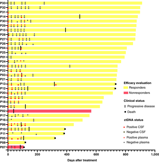 Dynamic monitoring of ctDNA in CSF and plasma during induction therapy and maintenance therapy. Nonresponders, patients who had stable disease or disease progression. Responders, patients who achieved a CR or partial response.