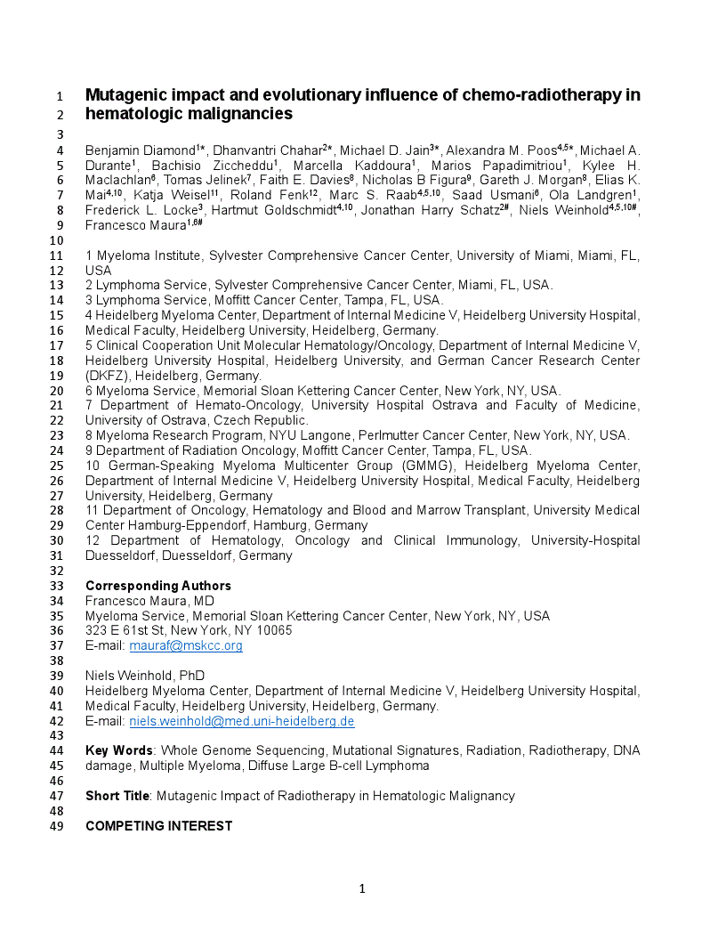 First page of Mutagenic impact and evolutionary influence of chemo-radiotherapy in hematologic malignancies<alt-title alt-title-type="left-running">Mutagenic Impact of Radiotherapy in Hematologic Malignancy</alt-title>