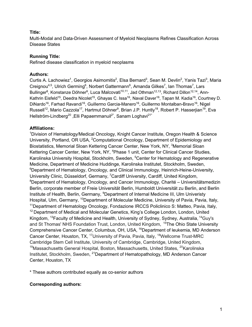First page of Multi-Modal and Data-Driven Assessment of Myeloid Neoplasms Refines Classification Across Disease States<alt-title alt-title-type="left-running">Refined disease classification in myeloid neoplasms</alt-title>