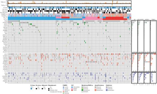 Figure 2. Repertoire of somatic gene alterations. Oncoplot of the relevant genomic alterations in the set of 242 patients with available Target Gene Sequencing (TGS) data for primary and metastatic samples. From top to bottom, the oncoplot includes three sections: tumor mutational burden (TMB), clinical data, and genomic alterations. TMB section shows the bar plots of TMB in primary and metastatic samples. Dashed lines refer to the TMB threshold used to define high-TMB patients based on the 90th percentile of the TMB distribution (corresponding to 8 for primary and 11 for metastatic samples). Clinical data section includes information about the number of treatment lines for metastatic disease, de novo metastatic disease, adjuvant and neoadjuvant therapy, and molecular subtype information in primary and metastatic samples by PAM50 and IHC. Genomic alterations are classified as shared (if present in both primary and metastatic samples), primary (private to primary sample), and metastatic (private to metastatic samples). Genomic alterations include driver mutations (single-nucleotide variants and insertions/deletions) in driver genes, amplifications in oncogenes, and deletions in tumor suppressor genes. On the right, the bar plots summarize, for each gene, the frequency of shared, private to primary, and private to metastatic events. The asterisks refer to genes showing significant difference in terms of alteration frequency in metastatic compared to primary samples (*, P < 0.05; **, P < 0.01; ***, P < 0.001). Genes (SNVs) with significant positive selection on missense mutations and/or truncating substitutions on the dN/dS analysis are represented in the figure. We have included in the figure CNVs of genes known as breast cancer drivers.