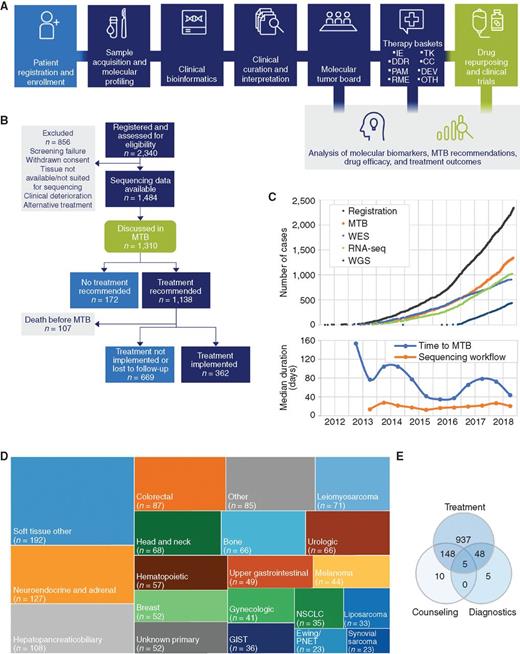 Figure 1. Workflow and patient accrual. A, Standardized workflow for patient registration and enrollment, sample acquisition, molecular profiling, bioinformatic analysis, molecular tumor board (MTB) discussion, assignment to treatment baskets (IE, immune evasion; DDR, DNA damage repair; PAM, PI3K–AKT–mTOR; RME, RAF–MEK–ERK; TK, tyrosine kinases; CC, cell cycle; DEV, developmental regulation; OTH, other), and clinical outcome analysis. B, Screening, recruitment, and analysis populations. C, Patient registrations, molecular analyses, MTB discussions (top; WES, whole-exome sequencing; WGS, whole-genome sequencing; RNA-seq, RNA sequencing), and turnaround times (bottom; blue, median time from sample receipt to MTB; orange, median duration of sample processing, sequencing, and bioinformatic analysis) over time. D, Patient subcohorts (GIST, gastrointestinal stromal tumor; NSCLC, non–small cell lung cancer; PNET, primitive neuroectodermal tumor). E, Number of patients with a recommendation for experimental therapy, diagnostic reevaluation, or genetic counseling.