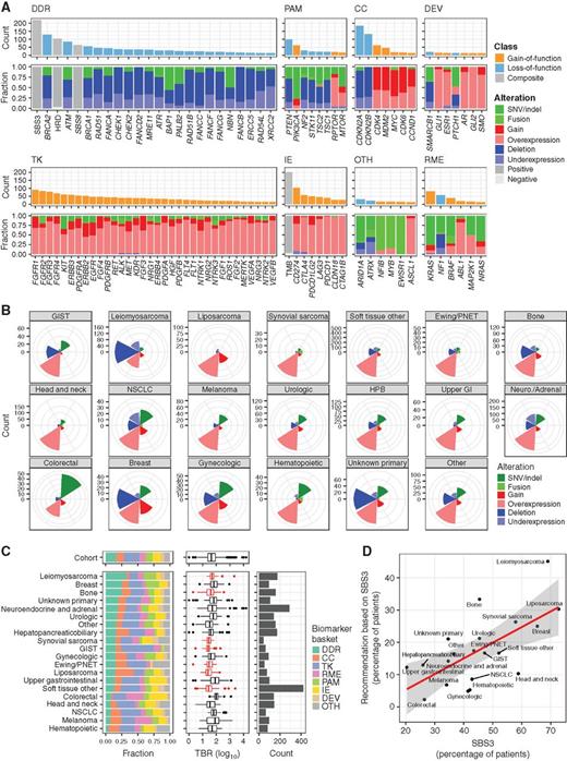 Figure 2. Biomarkers used for recommendations by the molecular tumor board. A, Incidence of the 100 most frequent biomarkers and relative proportions of associated biomarker classes and alteration types, sorted by basket (DDR, DNA damage repair; PAM, PI3K–AKT–mTOR; CC, cell cycle; DEV, developmental regulation; TK, tyrosine kinases; IE, immune evasion; OTH, other; RME, RAF–MEK–ERK). B, Relative contribution of different alteration types to the biomarkers detected in different patient subcohorts (GIST, gastrointestinal stromal tumor; PNET, primitive neuroectodermal tumor; NSCLC, non–small cell lung cancer; HPB, hepatopancreaticobiliary; GI, gastrointestinal; Neuro., neuroendocrine); SNV, single-nucleotide variant; indel, small insertion and deletion. C, Biomarkers in the different patient subcohorts [left, according to basket; middle, TMB (box plots, median and the first and third quartiles; whiskers, 1.5-fold of the interquartile range; points, outliers; sarcoma subcohorts indicated in red); right, total number of cases]. D, Smoothed linear model of the relationship between the detection of the single-base substitution signature 3 (SBS3) and its use for treatment recommendations by the molecular tumor board (shaded area, 95% confidence interval).
