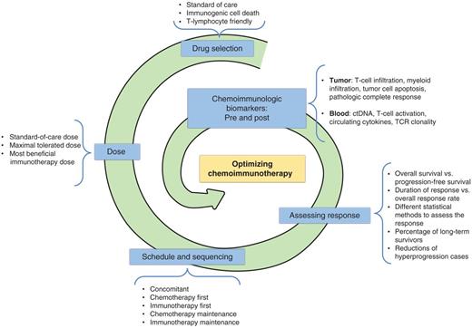 Figure 2. Road map with the main points of improvement in chemotherapy approaches. Schematic representation of the main criteria and elements to further improve the efficacy of chemoimmunotherapy combinations. TCR, T-cell receptor.