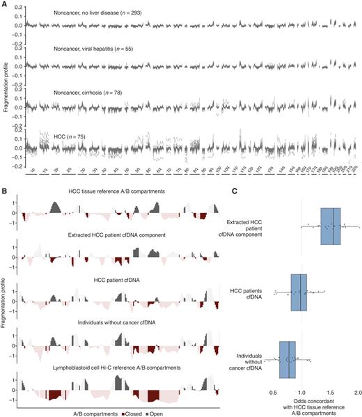 Figure 1. Genome-wide fragmentation profiles reflect underlying chromatin structure. A, Fragmentation profiles of 501 individuals in 473 nonoverlapping 5 mb genomic regions. Fragmentation profiles for cancer individuals show marked heterogeneity as compared with noncancer individuals with and without liver disease. B, Comparison of plasma fragmentation features to reference A/B compartments. Track 1 shows A/B compartments extracted from liver cancer tissue (28). Track 2 shows a median liver cancer component extracted from the HCC plasma samples of 10 liver patients with high tumor fraction by ichor CNA (56). Track 3 shows the median fragmentation profile in the plasma for these 10 HCC samples and track 4 shows the median profile for 10 healthy plasma samples. Track 5 shows A/B compartments for lymphoblast cells (28). These five tracks show chromosome 22 as an example, with darker shading indicating informative regions of the genome where the two reference tracks differ in domain (open/closed) or magnitude. C, among these informative bins, for each chromosome, the log odds of the plasma component matching the HCC reference track in domain. Log odds greater than 1 indicate more similarity to the HCC reference track, whereas log odds less than 1 indicate more similarity to the lymphoblast reference track. The extracted HCC component has the greatest similarity to the HCC reference track and the noncancer plasma has the greatest similarity to the lymphoblast reference track; the HCC plasma track is intermediate to the two.