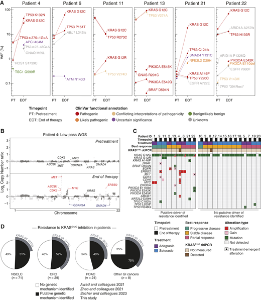 Genetic alterations associated with acquired resistance to KRASG12C inhibition in patients with PDAC. A, Variant allele frequencies (VAF) for the indicated genomic variants in pretreatment (PT) and end of therapy (EOT) ctDNA samples across patients with PDAC treated with adagrasib monotherapy on the KRYSTAL-1 trial (patients 4, 6) or sotorasib monotherapy on the CodeBreaK100 trial (patients 11, 13, 21, 22). B, Paired genome-wide copy number profiles from low-pass whole genome sequencing (organized by chromosome and genomic coordinates) from PT and EOT ctDNA samples for patient 4 treated with adagrasib. Gene labels indicate amplified putative drivers of acquired resistance or tumor suppressor genes. C, Co-mutation plot displaying pathogenic and likely pathogenic treatment-emergent variants and genomic amplification of putative drivers of resistance detected in ctDNA samples from PDAC patients with acquired resistance to adagrasib (patients 1–8) or sotorasib (patients 9–22). The best radiographic treatment response is indicated as measured by RECIST criteria. D, Aggregated classification of mechanisms of resistance to KRASG12C inhibition across cancer types. Data include patients from this study and previously published studies (Supplementary Table S2; Supplementary Fig. S1G).