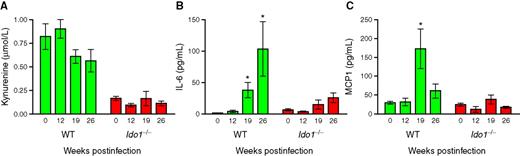 Figure 3. IDO deficiency is associated with attenuated induction of IL-6 and MCP1. A, kynurenine levels in the lungs of Lox-KrasG12D and Ido1−/− Lox-KrasG12D mice at 0, 12, 19, and 26 weeks postinfection (n ≥ 3) assessed by LC/MS-MS analysis and plotted as the means ± SEM. B and C. IL-6 and MCP1 levels in the lungs of Lox-KrasG12D and Ido1−/− Lox-KrasG12D mice at 0, 12, 19, and 26 weeks postinfection (n ≥ 3) assessed by multiplexed cytokine bead immunoassay–based analysis and plotted as the means ± SEM with significance relative to baseline determined by one-way ANOVA with Dunn test (*, P < 0.05).