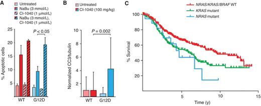 Figure 6. Inhibition of MEK as a therapeutic strategy for N-RAS–mutant colorectal cancer. A, requirement of MEK for the antiapoptotic phenotype of N-RASG12D in human cell lines. Treatment of WT cells with CI-1040 did not significantly affect the response to butyrate. Inhibition of MEK in cells expressing N-RASG12D reverted the antiapoptotic phenotype. B, induction of apoptosis in primary mouse tumors by treatment with CI-1040. Generally, WT tumors did not respond to inhibition of MEK. In contrast, the majority of tumors expressing N-RASG12D exhibited detectable levels of apoptosis. Apoptosis was detected by quantitative Western blotting for cleaved caspase-3 (CC3). n = 10 for mock-treated WT tumors, n = 9 for treated WT tumors, n = 12 for mock-treated N-RAS–mutant tumors, n = 11 for treated N-RAS–mutant tumors. C, NRAS mutation correlates with worse overall survival in patients with colorectal cancer. Kaplan–Meier plot of overall survival for 314 patients (17 NRAS mutant and 297 NRAS/KRAS/BRAF WT) with colorectal cancer (stages I–IV). The survival of patients with KRAS mutant colorectal cancer in this cohort is shown for comparison. The difference in survival is statistically significant (P = 0.004, log-rank test). Of the NRAS-mutant cases, 10 of 17 were stage IV. For WT cases, 134 of 297 were stage IV. This difference is not statistically significant (P = 0.3). In A and B, error bars ± SEM.