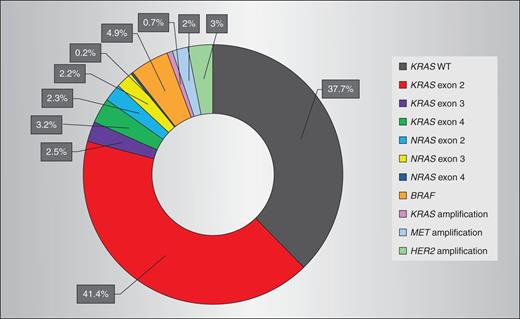 Figure 2. Prevalence of genetic alterations associated with de novo resistance to anti-EGFR therapies in mCRC. Donut chart of the genetic alterations involved in primary resistance to EGFR-targeted monoclonal antibodies in mCRC. The KRAS wild-type (WT) population represents the sum of the anti-EGFR therapy responders (around 10%) and the fraction of patients who do not benefit from those treatments even in the absence of known primary resistance mutations. Mutations in KRAS exons 3 and 4 and NRAS exons 2, 3, 4, as well as amplification of KRAS, HER2, and MET account for around 20% of mCRC patients who do not benefit from anti-EGFR treatment. Data were collected from Vaughn et al. (19), Bertotti et al. (29), Valtorta et al. (32), Bardelli et al. (38), Study 20020408 (87), PRIME trial (24, 88), Schwartzberg et al. (25), and FIRE-3 trial (26).