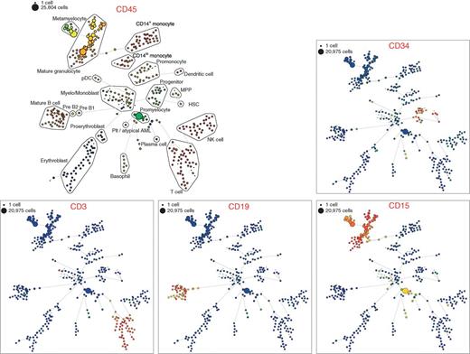 Figure 1. SPADE plots of normal bone marrow sample #6. SPADE clustering was performed on all samples (normal and AML) simultaneously to generate a single tree structure for all samples. All of the cell events from each sample were then mapped to the common tree structure. Each node of the SPADE tree is colored for the median expression of the indicated markers from low (blue) to high (red). The size of each node is correlated to the fraction of cells mapping to the node; however, a minimum size was enforced for most nodes to allow visualization of node color. Immunophenotypic grouping of nodes was performed manually on the basis of the median marker expression level of each node, and based on analysis of the relevant biaxial plots (e.g., CD38 vs. CD34). NK cell, natural killer cell; Plt, platelets.