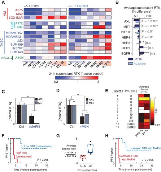 Figure 1. MEKi broadly reduces extracellular release of protein ectodomains and correlates with drug resistance in patients with melanoma. A, MEKi with U0126 and PD325901 reduces supernatant accumulation of soluble RTKs (measured by ELISA) in multiple cancer cell lines (n≥ 2). B, change in supernatant RTKs after treatment with MEKi, averaged across all cell lines shown in A (pooled two-tailed t test; n= 22). C and D, circulating plasma levels of soluble AXL and MET decrease after (C) MAPKi treatment (10 mg/kg vemurafenib + 1 mg/kg trametinib) in LOX-IMVI melanoma xenografts (P= 0.004, n= 4, pooled two-tailed t test), or (D) MEKi treatment (1 mg/kg PD325901) in orthotopic LM2 breast cancer xenografts (P= 0.0036, n≥ 4, pooled two-tailed t test). E, plasma from patients with melanoma was assayed for soluble RTK levels before and on treatment with dual BRAFi/MEKi therapy; heatmap shows the average of six RTK levels (see Supplementary Fig. S1G for full dataset). As shown by shading, patients were ranked according to PFS. F, Kaplan–Meier analysis based on average pretreatment RTK levels (see E; P = 0.005; two-tailed log-rank test; total n= 11). G, circulating RTK levels decrease in patients with melanoma with short PFS after MAPKi treatment [median ± interquartile range (IQR) of RTK levels, averaged as in E]. H, Kaplan–Meier analysis based on the change in RTK levels with MAPKi therapy initiation (P= 0.005; two-tailed log-rank test; total n= 11).