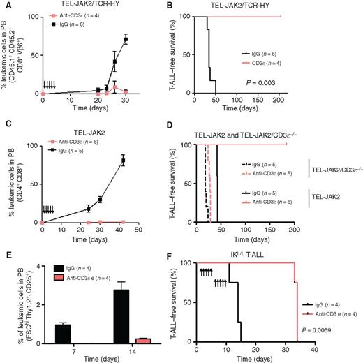 Figure 5. TCR stimulation by agonistic mAb in vivo administration inhibits mouse T-ALL development. A and B, percentage of TEL-JAK2/TCR-HY leukemic cells in peripheral blood (PB; A) and Kaplan–Meier survival curves (B) of female mice treated daily as indicated (arrows) with hamster anti-CD3 mAb or control IgG. C, percentage of TEL-JAK2 leukemic cells (expressing endogenous TCR) in peripheral blood leukocytes of mice that were treated daily with anti-CD3 or control hamster IgG. D, Kaplan–Meier survival curves of mice injected with either TEL-JAK2 leukemic cells (expressing endogenous TCR), or TEL-JAK2/CD3ϵ−/− leukemic cells and treated daily with anti-CD3 or control hamster IgG. E, percentage of IKL/L leukemic cells in peripheral blood leukocytes defined as FSChi, Thy1.2+ CD25+ in control IgG or anti-CD3–treated NOD/SCID/γc−/− (NSG) mice at the indicated time point. F, Kaplan–Meier survival curves of NSG mice injected with IKL/L leukemic cells treated with hamster anti-CD3 mAb or control IgG as indicated.