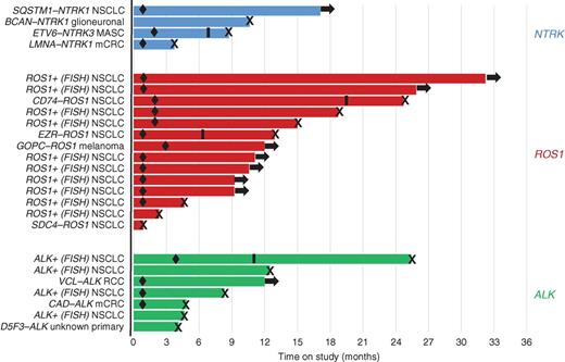 Figure 3. Duration of treatment. Each bar indicates the duration of treatment for the 25 “Phase II–eligible” patients at the time of data cutoff. Specific molecular alterations are shown next to each patient. Arrows indicate patients who were ongoing on study; X denotes patients who discontinued the study (all due to disease progression); black diamonds represent time of first response; black bars represent 4 patients who experienced disease progression but remained on study due to clinical benefit.