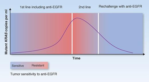 Figure 4. Liquid biopsy as a tool to guide adaptive treatment approaches. In CRCs that respond to treatment with anti-EGFR antibodies, KRAS mutations often emerge as a mechanism of acquired resistance. Notably, KRAS mutations decline in ctDNA when EGFR blockade is suspended (18). Monitoring the evolution of KRAS-mutant alleles in ctDNA can be used to design additional lines of therapy aimed at rechallenging patients who initially respond to and then relapse on EGFR blockade.