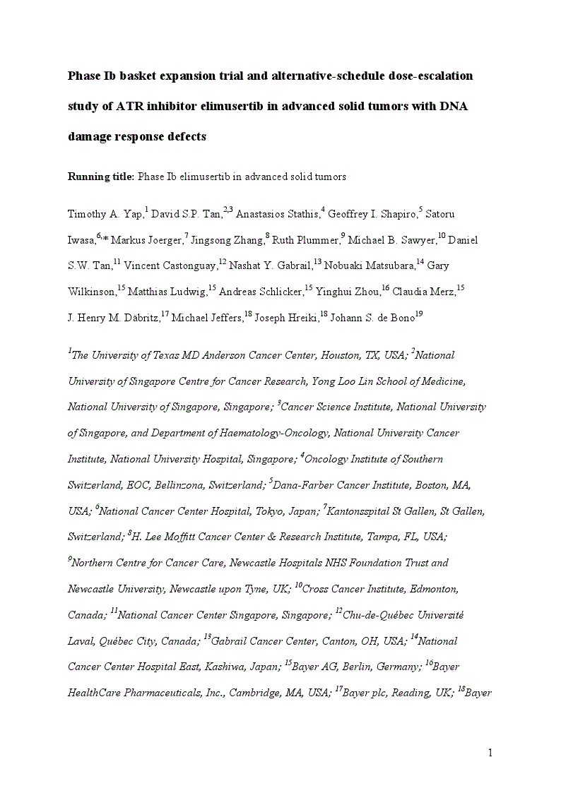 First page of Phase Ib basket expansion trial and alternative-schedule dose-escalation study of ATR inhibitor elimusertib in advanced solid tumors with DNA damage response defects<alt-title alt-title-type="left-running">Phase Ib elimusertib in advanced solid tumors</alt-title>