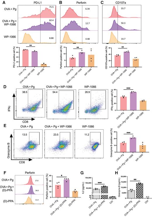 Figure 5. P. gingivalis infection suppresses CD8+ T-cell activity through modulation of STAT3 activity. A–E, Flow cytometry showing the effect of STAT3 inhibitor (WP-1066) on the expression of PD-L1 on OVA-pulsed Flt3l-DCs, which were pretreated with P. gingivalis and/or STAT3 inhibitor for 3 hours and subsequently cocultured with OT-I CD8+ T cells for 3 days (A) and largely restored P. gingivalis–mediated decreases of Prf (B), CD107a (C), IFNγ (D), and GrB (E) secreted by Flt3l-DC–primed CD8+ T cells after 3 days of coculture. F–H, Flow cytometry and ELISA assays show that blockade of PD-L1 with (D)-PPA peptide significantly increased the percentage of perforin positive Flt3l-DC–primed CD8+ T cells (F), and the production of IL2 (G) and GrB (H) in supernatants after 3 days of coculture, as compared with controls. Each symbol represents an experimental replicate and data are shown as mean ± SE. Results are representative of 3 independent experiments. Statistical significance was determined by one-way ANOVA with the Tukey multiple comparisons test. *, P < 0.05; **, P < 0.01; ***, P < 0.001.