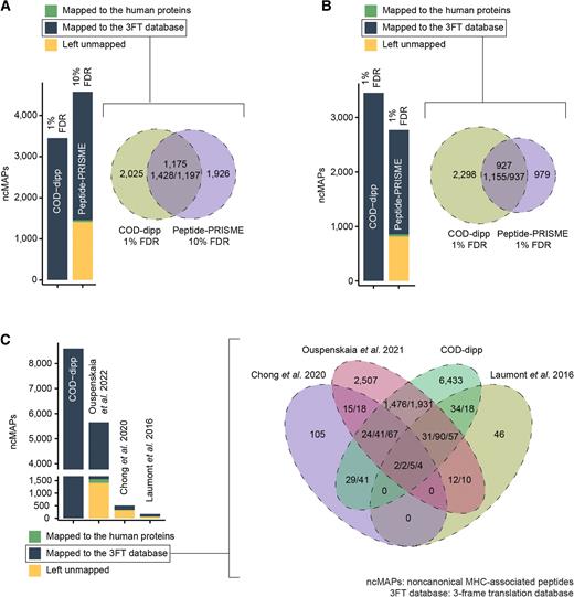 Figure 4. Comparison of COD-dipp ncMAPs with other studies. Because the COD-dipp ncMAPs are restricted to the 3-frame translation (3FT) of protein-coding genes, sequences from the literature were aligned to the same 3FT database for comparison purposes. The intersection is based on genomic coordinates to deal with sequences that partially match (i.e., longer, shorter, or partially overlapping). Because the Venn is generated by overlapping genomic coordinates of the ncMAPs, the original counts for each study are listed from left to right (i.e., on the right-hand side of panel C, the notation 29/41 refers to 29 instances for Chong and colleagues 2020 and 41 for COD-dipp). A, Comparison with peptide-PRISM published ncMAPs at a 10% FDR. COD-dipp ncMAPs were restricted to 3 studies in common with Erhard and colleagues 2020. B, Comparison with peptide-PRISM published ncMAPs at a 1% FDR. COD-dipp ncMAPs were restricted to 3 studies in common with Erhard and colleagues 2020. C, Comparison of the atlas of ncMAPs revealed by COD-dipp to 3 previous studies.