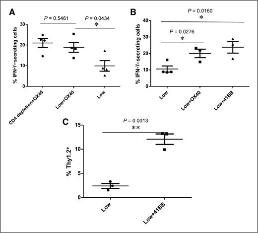 Figure 6. Enhanced low-avidity T-cell function observed with anti-OX40 antibody treatment is not CD4+ T -cell dependent; costimulation with the agonistic 41BB antibody also increases low-avidity T-cell function. Tumor-bearing, Cy-, and vaccine-treated neu-N mice were given anti-OX40, anti-OX40, and CD4-depleting antibody, or 41BB antibody and cells were extracted for analysis 3 days after low-avidity T-cell adoptive transfer for analysis of cytokine secretion and 5 days after adoptive transfer for trafficking information. OX40 and 41BB were both given at doses of 300 μg on the day of adoptive transfer with OX40 again being given 3 days after adoptive transfer to mice being analyzed for trafficking. These experiments were repeated at least three times (n = 3–5 mice/group). A, comparison of IFN-γ secretion in anti-OX40–treated cells with and without CD4 depletion. B and C, comparison of IFN-γ secretion and Thy1.2+ T-cell trafficking with and without 41BB treatment.