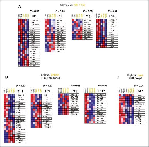 Figure 5. GSEA analyses of Th1, Th2, Th17, and Treg pathways. GSEA analyses were performed on the microarray data. A, comparison between specimens from patients with OS > 3 years (subject numbers in gray) and patients with OS < 1.5 years (subject numbers in yellow). B, comparison between specimens from patients who developed enhanced T-cell responses (in gray) and patients who did not (in yellow). C, comparison between specimens from patients whose tumors were infiltrated with a high CD8:FoxP3 ratio (in gray) and whose tumors were infiltrated with a low CD8:FoxP3 ratio (in yellow). Heatmaps of the microarray gene expression data are shown. Blue shading represents downregulation and red represents upregulation of gene expression. P values are shown for each GSEA comparison.