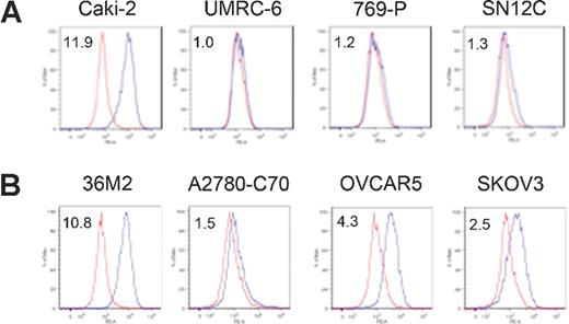 Figure 3. Flow cytometry of kidney (A) and ovarian (B) tumor cell lines with PD-L1 mAb (2A3). Representative of three experiments.