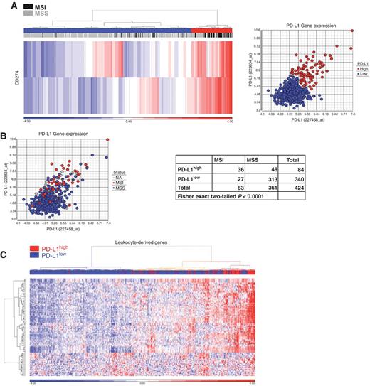Figure 3. PD-L1 gene expression profile in stage II/III colorectal carcinoma. A (left), hierarchical clustering of stage II/III colorectal carcinoma patient cohort (GSE39582) based on expression profiles of PD-L1 (CD274) identifies a strong positive subgroup accounting for 20% of the overall population. Overlay bar indicates assigned PD-L1 subgroup (PD-L1high, red; PD-L1low, blue) and MSI/MSS status (MSI, black; MSS, gray; NA, white). Right, scatterplot of PD-L1 gene expression values highlights the positive and negative groups identified in the heatmap. B (left), scatterplot of PD-L1 gene expression values according to MSI/MSS status. Right, Fisher exact test confirms a statistically significant correlation between high PD-L1 transcript amounts and MSI status. C, hierarchical clustering of patient cohort based on leukocyte-specific gene signature stratifies population into 3 groups based on their immune infiltrate content. Overlay bar indicates that the high immune infiltrate subgroup overlaps strongly with the high PD-L1 gene expression subgroup.