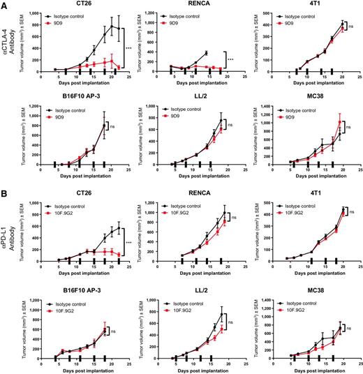 Figure 1. The antitumor activity of anti–CTLA-4 and anti–PD-L1 treatment varies across a range of syngeneic models. Tumor growth curves for 6 subcutaneous murine syngeneic tumor models treated with either (A) CTLA-4 antibody clone 9D9 (10 mg/kg) or (B) PD-L1 antibody clone 10F.9G2 (10 mg/kg). Treatment was given by intraperitoneal injection on the days marked with ticks on the x-axis of the graphs. n ≥ 6 mice per group. ***, P < 0.0001, ns: nonsignificant P ≥ 0.05, linear mixed-effect model test. Data are representative of at least two independent experiments.