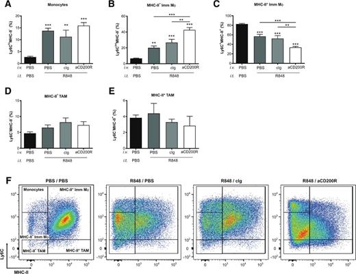 Figure 5. Treatment with R848 and anti-CD200R leads to changes in the composition of intratumor myeloid cells. Fractions of intratumor myeloid cells (CD11b+). A, Ly6ChiMHC-II− monocytes; B, immature macrophages (MHC-II− Imm Mϕ); C, Ly6Chi/intMHC-II+ immature macrophages (MHC-II+ Imm Mϕ); D, Ly6C−MHC-II− TAMs (MHC-II− TAM); E, Ly6C−MHC-II+ TAMs (MHC-II+TAM). F, Example scatterplots of intratumoral myeloid cells showing gating for all above populations, from all treatment groups. A–F, Reproduced two times. When not indicated otherwise, significance was calculated in comparison with the PBS-only control group using one-way ANOVA. *, P < 0.05; **, P < 0.01; ***, P < 0.001.