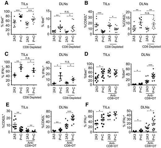 Figure 3. Dual blockade of PD-1 and CTLA-4 directly activates CD4+Foxp3− cells in the absence of CD8+ or CD4+Foxp3+ cells. A–C, C57BL/6 WT or D–F. DEREG mice were injected s.c. with 5 × 105 AT-3ovadim CD73+ tumor cells. Mice were treated with 2A3 or anti–PD-1 and anti–CTLA-4 as per Fig. 2. On days 13, 14, and 18, mice were treated where indicated with anti-CD8 (250 μg/mouse) and/or diphtheria toxin (DT; 0.5 μg/mouse). On day 21, leukocytes were isolated from tumors (TILs) or DLNs and analyzed by flow cytometry. The expression of (A, D) Tbet, (B, E) CD62L, and (C, F) IFNγ by CD4+Foxp3− cells was determined. Data shown as the mean ± SEM of 3–13 mice per group. *, P < 0.05; **, P < 0.01; ***, P < 0.001; n.s., not significant (one-way ANOVA/Tukey).