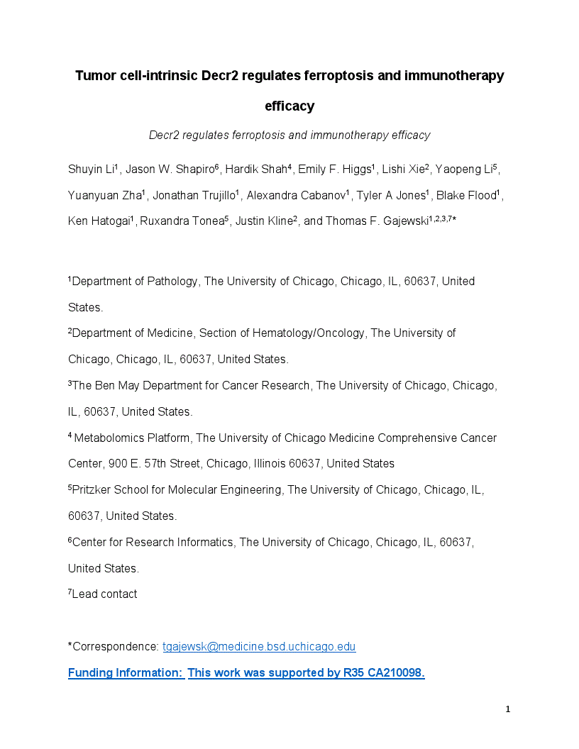 First page of Tumor cell-intrinsic Decr2 regulates ferroptosis and immunotherapy efficacy<alt-title alt-title-type="left-running">Decr2 regulates ferroptosis and immunotherapy efficacy</alt-title>