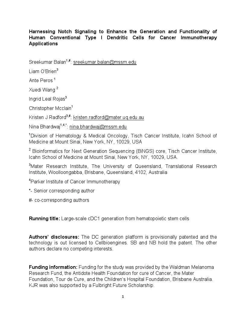 First page of Harnessing Notch Signaling to Enhance the Generation and Functionality of Human Conventional Type I Dendritic Cells for Cancer Immunotherapy Applications<alt-title alt-title-type="left-running">Large-scale cDC1 generation from hematopoietic stem cells</alt-title>