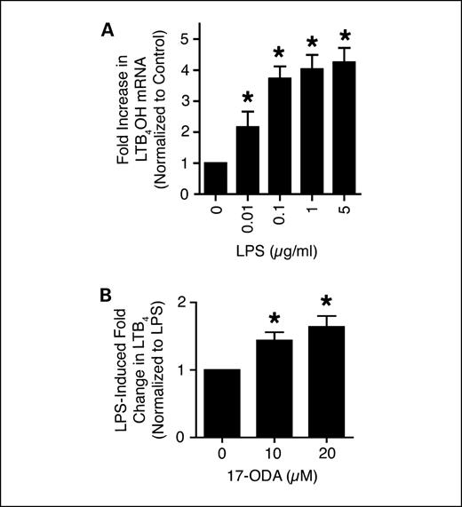 Fig. 5. LPS up-regulates LTB4OH mRNA expression and enzymatic activity in a dose-dependent manner in BAL cells from ex-smokers. BAL cells from ex-smokers were stimulated with varying doses of LPS for 24 h. A, LPS induced a dose-dependent up-regulation of LTB4OH mRNA expression at doses as low as 10 ng/mL. Columns, mean (n = 3); bars, SE. *, P < 0.05. B, inhibition of LTB4OH activity with 10 and 20 μmol/L of 17-octadecynoic acid (17-ODA) induced an average of 44% and 72% increase in LTB4 levels in the presence of LPS (at 5 μg/mL), respectively. Following LPS treatment, LTB4 levels ranged from 598 to 882 pg/mL (without 17-octadecynoic acid) to 1,093 to 1,565 pg/mL (with 20 μmol/L 17-octadecynoic acid). Columns, mean (n = 3); bars, SE. *, P < 0.05.