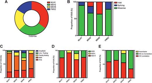 Figure 2. A, Proportion of variants detected in the MMR genes. B, Proportion of different types of variants in MMR genes. C, Proportion patients with positive family history criteria per MMR gene mutated. D, Proportion of tumors displaying MSS, MSI-L and MSI-H per MMR gene. E, Correlation between loss of IHC expression and gene variant location. Abbreviations: Ams, Amsterdam criteria; Beth, Bethesda criteria; Ams/Beth, more than one family with the same variant with a different criteria; MSS, microsatellite stable, MSI-L, microsatellite instability-low; MSI-H, microsatellite instability-high.