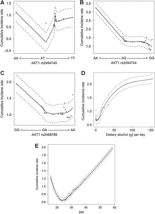 Figure 2. Cumulative breast cancer incidence rate for the five most influential variables based on an RSF analysis. Dashed gray lines indicate 95% CI.