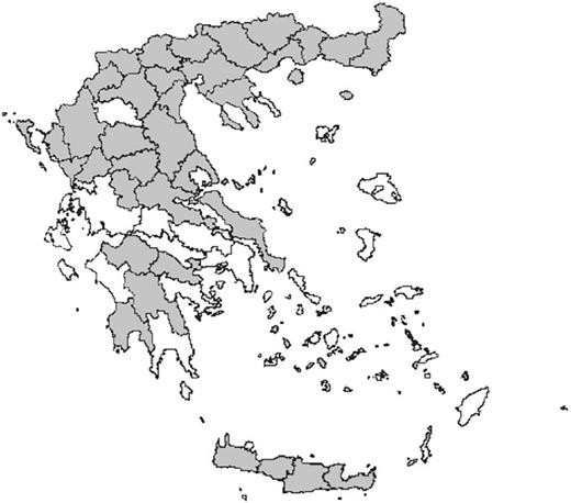 Figure 1. Map of Greece showing the different prefectures of Greece from the remote areas of which women had been recruited for the GRECOSELF study (gray color).