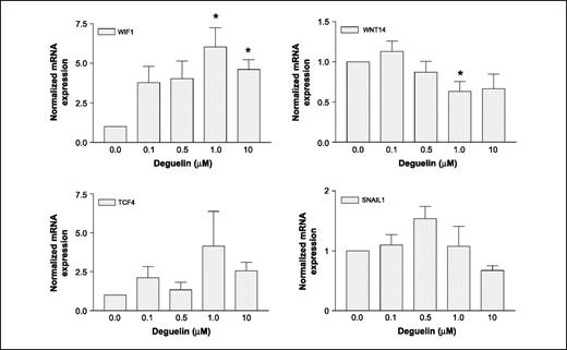 Fig. 3. Effects of deguelin on Wnt signaling genes. Dose-dependent effect of deguelin on WIF1 and WNT14 mRNA expression. MDA-MB231 cells were cultured to 50% confluence and treated with different concentrations of deguelin for 24 h; total RNA isolated from deguelin-treated cells were then subjected to quantitative RT-PCR analysis. Columns, mean fold of control (DMSO)–treated cells (n = 3) after normalization to β-actin expression; bars, SEM. *, P < 0.05, compared with control (Student's t test: paired two samples for means).