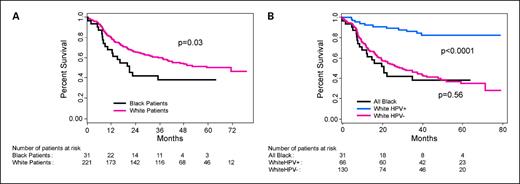 Fig. 3. Overall survival by race and HPV-16 status in the TAX 324 trial. A, median OS by race in all patients: 70.6 mo [95% CI, 40.0-not reached (NR)] for white patients versus 20.9 mo (95% CI, 12.4-NR) for black patients (log-rank test P = 0.03). B, median OS by race and HPV status (log-rank test P < 0.0001): NR for white HPV-positive (HPV+) patients; 30.1 mo (95% CI, 19.7-42.0) for white HPV-negative (HPV−) patients; and 20.9 mo (95% CI, 12.4-NR) for black patients. The difference in survival between all black patients and HPV-negative white patients was not significant (P = 0.78). Of 32 black patients with an available biopsy, only one was HPV positive. The difference in survival between HPV-positive white patients and all other patients was highly significant (P < 0.0001).