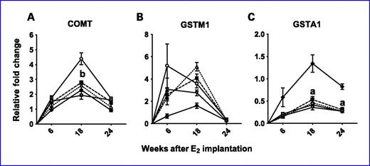 Fig. 4. A to C, effect of berry and ellagic acid diets on E2-induced changes in phase II enzyme expression. ACI rats (n = 6) were treated with either sham implants or E2 (27 mg) for 6, 18, or 24 wk and fed a control diet (SH-CD, ⧫, solid line; E2-CD, ○, solid line) or diet supplemented with 2.5% (w/w) black raspberry (E2-BRB, Δ, dotted line), blueberry (E2-BB, ▪, dashed line), or 400 ppm ellagic acid (E2-EA, ▾, solid line). The whole mammary mRNA was analyzed for COMT (A), GSTM1 (B), and GSTA1 (C) expression using qRT-PCR as described in Materials and Methods. The relative fold change was calculated using the 2−ΔΔCT method with a sample from SH-CD as the calibrator for each particular time point. a, P < 0.05, significantly different from SH-CD; b, P < 0.05, significantly different from E2-CD.