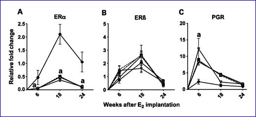 Fig. 5. A to C, effect of berry and ellagic acid diets on E2-induced changes in steroid receptor expression. ACI rats (n = 6) were treated with either sham implants or E2 (27 mg) for 6, 18, or 24 wk and fed a control diet (SH-CD, ⧫, solid line; E2-CD, ○, solid line) or diet supplemented with 2.5% (w/w) black raspberry (E2-BRB, Δ, dotted line), blueberry (E2-BB, ▪, dashed line), or 400 ppm ellagic acid (E2-EA, ▾, solid line). The whole mammary mRNA was analyzed for ERα (A), ERβ (B), and PGR (C) expression using qRT-PCR as described in Materials and Methods. The relative fold change was calculated using the 2−ΔΔCT method with a sample from SH-CD as the calibrator for each particular time point. a, P < 0.01, significantly different from SH-CD; b, P < 0.01, significantly different from E2-CD.
