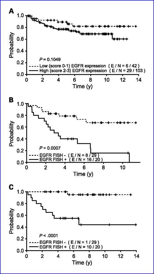 Fig. 2. Time to oral cancer in oral leukoplakias (OPL) by EGFR protein expression scored 0 to 1+ versus 2 to 3+ (A); time to oral cancer (B) and time to same-site oral cancer (C) in OPL by EGRF gene copy number. E/N, number of events and number of patients.