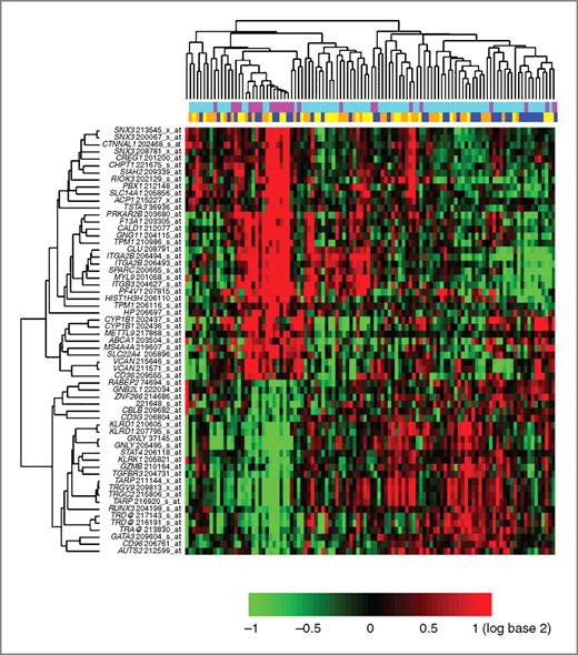 Figure 1. Heat map of genes differentially expressed in stage I lung adenocarcinoma patients versus controls. Gene symbols and Affymetrix gene probe names are reported on the vertical axis and sample color codes are shown on the horizontal axis. Samples and gene probes are ordered according to unconditional clustering on the basis of linkage method and Spearman correlation distance. Samples are colored coded as following: stage I cases (magenta), controls (cyan), current smokers (blue), former smokers (orange), and never-smokers (yellow). The first 36 gene probes from the top are upregulated in stage I cases compared with controls. The last 25 gene probes are downregulated in stage I cases compared with controls. Subjects with different smoking status are homogeneously distributed along the horizontal axis, which indicates that smoking status does not contribute to the differential expression between cases and controls in these genes. Detailed information on these gene probes and related results are described in Supplementary Material S2.
