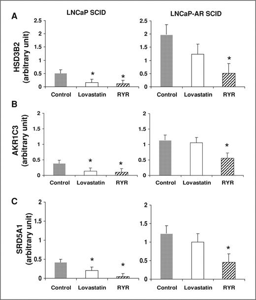 Figure 6. RYR effects on gene expression involved in androgen synthesis. RYR-fed animals downregulated HSD3B2 (A), AKR1C3 (B), and SRD5A1 (C) gene expression by more than 3- and 2-fold in LNCaP and LNCaP-AR SCID tumors. Values are mean ± SE. *, significantly different from control at P < 0.05.