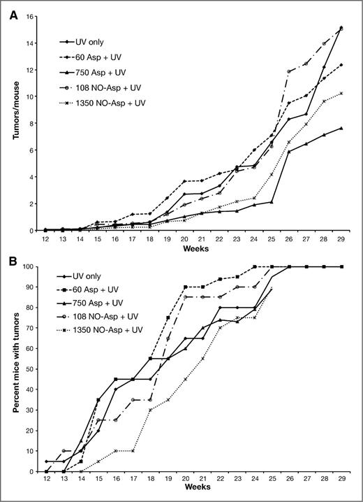 Figure 3. Effect of aspirin or NO-aspirin on UV-induced skin tumorigenesis. Groups of 20 female SKH-1 mice were placed on their experimental diets and exposed to UV irradiation thrice weekly. Tumors were counted weekly and the data calculated as the average number of tumors per mouse (A). Tumor multiplicity for 60 ppm aspirin and 1,350 ppm NO-aspirin were significantly (P < 0.05) different from the UV control group; 750 ppm aspirin was very significantly (P < 0.001) different from the UV control. Tumor incidence (B) was calculated as the percentage of mice-bearing tumors. Although mice in the 1,350 ppm aspirin group developed tumors more slowly than the other groups, this was not statistically different.