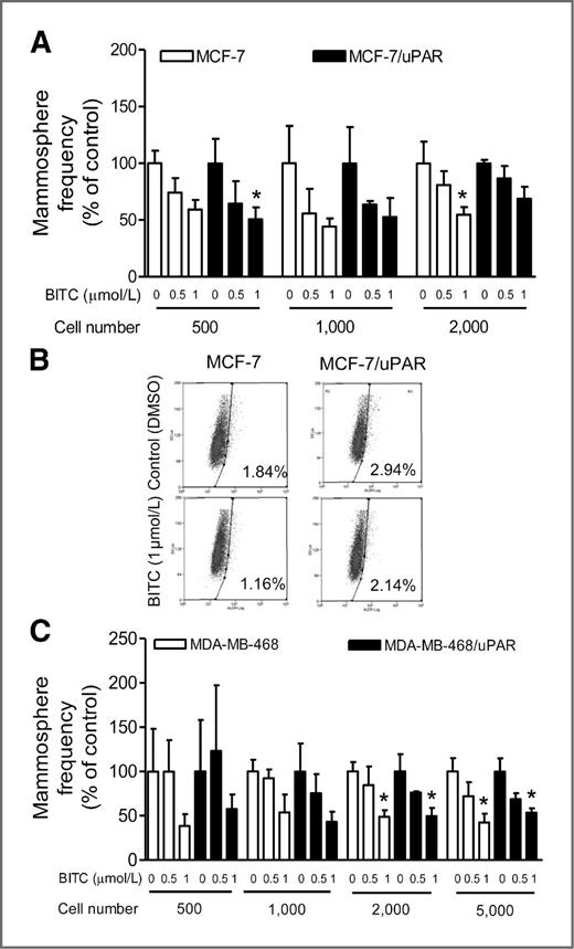 Figure 3. A, frequency of mammosphere formation (normalized to respective DMSO-treated control) from MCF-7 cells stably transfected with empty vector (MCF-7) or the same vector encoding for uPAR (MCF-7/uPAR). Results shown are mean ± SD (n = 3). B, representative flow histograms showing ALDH1+ cell population in MCF-7 cells stably transfected with empty vector or the same vector encoding for uPAR after 72-hour treatment with DMSO or 1 μmol/L BITC. C, bar graph shows the frequency of mammosphere formation (normalized to respective DMSO-treated control) from MDA-MB-468 cells stably transfected with empty vector (MDA-MB-468) or the same vector encoding for uPAR (MDA-MB-468/uPAR). Results shown are mean ± SD (n = 3). Each experiment was repeated at least twice and the results were similar. *, significantly different compared with corresponding DMSO-treated control by one-way ANOVA with Bonferroni adjustment. There was no difference between empty vector–transfected cells and uPAR-overexpressing cells at any dose.