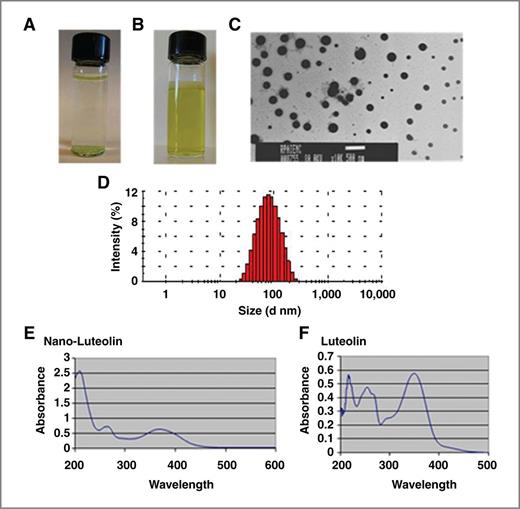 Figure 2. A, luteolin in water. B, water solution of Nano-Luteolin. C, representative TEM image of polymer-encapsulated Nano-luteolin. D, DLS of Nano-Luteolin solution. E, UV-vis spectrum of Nano-Luteolin. F, UV-vis spectrum of luteolin.