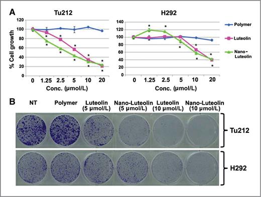 Figure 3. A, SRB assay for study of cell growth inhibition in head and neck squamous cell carcinoma, HNSCC (Tu212), and lung cancer (H292) cell lines. *P < 0.05. B, colony formation assay. Tu212 and H292 cells were seeded at a concentration of 400 cells/well in 6-well plates and treated with the indicated concentrations of luteolin and Nano-Luteolin.