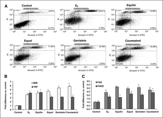Figure 2. Induction of apoptosis by phytoestrogens and steroidal estrogens. A, MCF7:5C cells were treated with 0.1% ethanol vehicle (control), or 1 nmol/L E2, 1 nmol/L equilin, or phytoestrogens (1 μmol/L) for 72 hours and then stained with Annexin V–FITC and PI and analyzed by flow cytometry. Increased apoptotic effect is observed in the right upper and lower quadrants. E2, equilin, and phytoestrogens increase BIM and TNF (B), FAS and FADD (C) mRNA levels. PCR data values are presented as fold difference versus vehicle-treated cells ± SEM; *, P < 0.05.