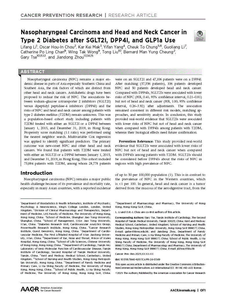 First page of Nasopharyngeal Carcinoma and Head and Neck Cancer in Type 2 Diabetes after SGLT2I, DPP4I, and GLP1a Use<alt-title alt-title-type="short">SGLT2I, DPP4I, and GLP1a for Head and Neck Cancers in T2DM</alt-title>